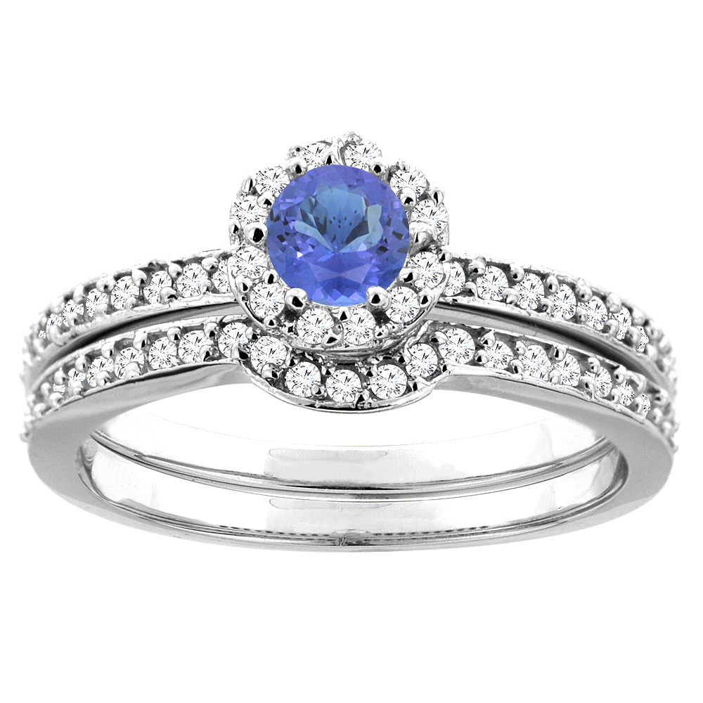 14K White Gold Natural Tanzanite 2-pc Bridal Ring Set Diamond Accent Round 4mm, sizes 5 - 10