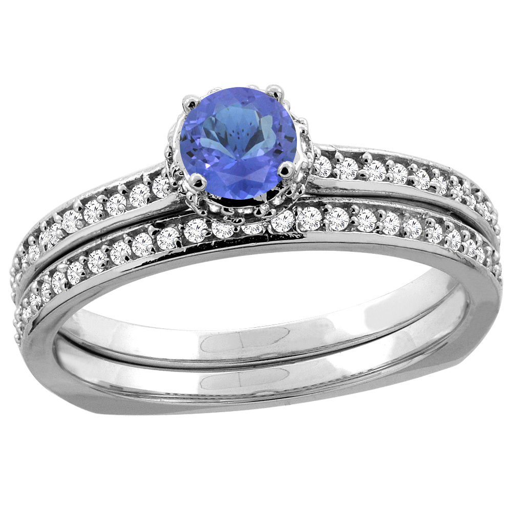 10K White Gold Diamond Natural Tanzanite 2-pc Bridal Ring Set Round 4mm, sizes 5 - 10