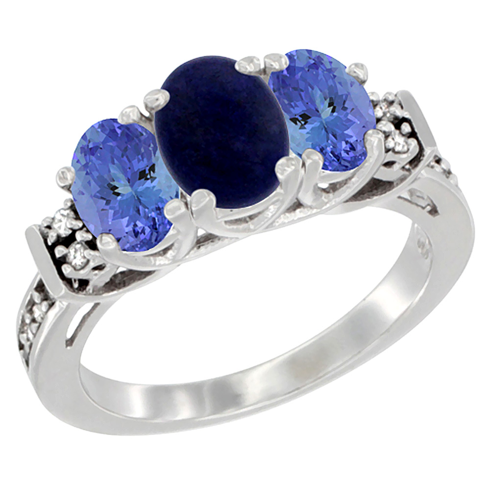 14K White Gold Natural Lapis & Tanzanite Ring 3-Stone Oval Diamond Accent, sizes 5-10