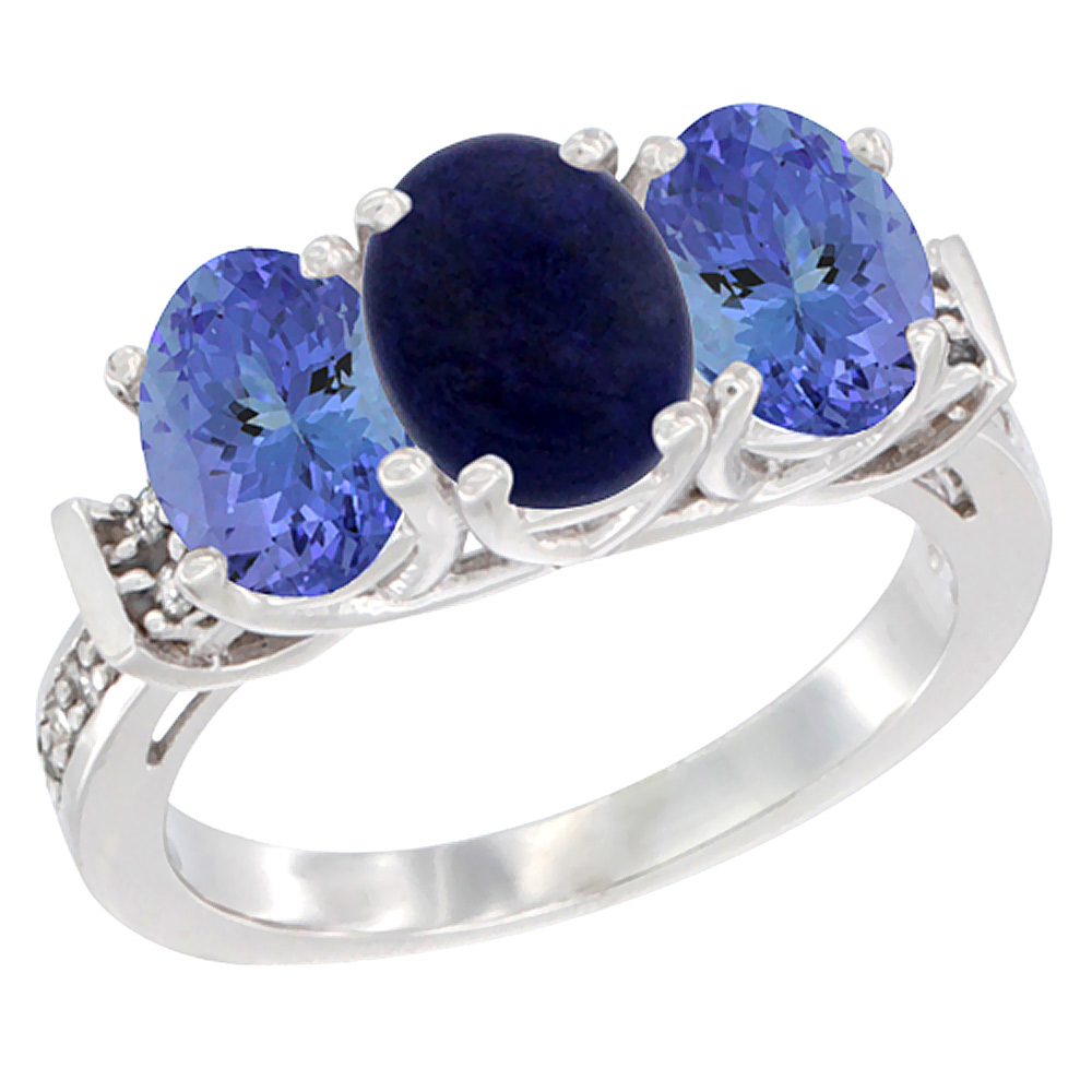 14K White Gold Natural Lapis & Tanzanite Sides Ring 3-Stone Oval Diamond Accent, sizes 5 - 10