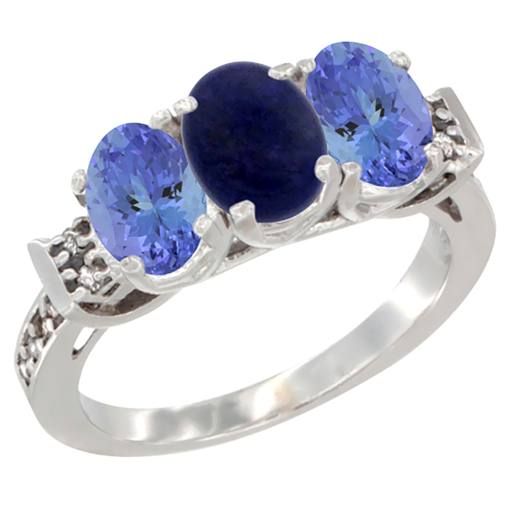 10K White Gold Natural Lapis & Tanzanite Sides Ring 3-Stone Oval 7x5 mm Diamond Accent, sizes 5 - 10