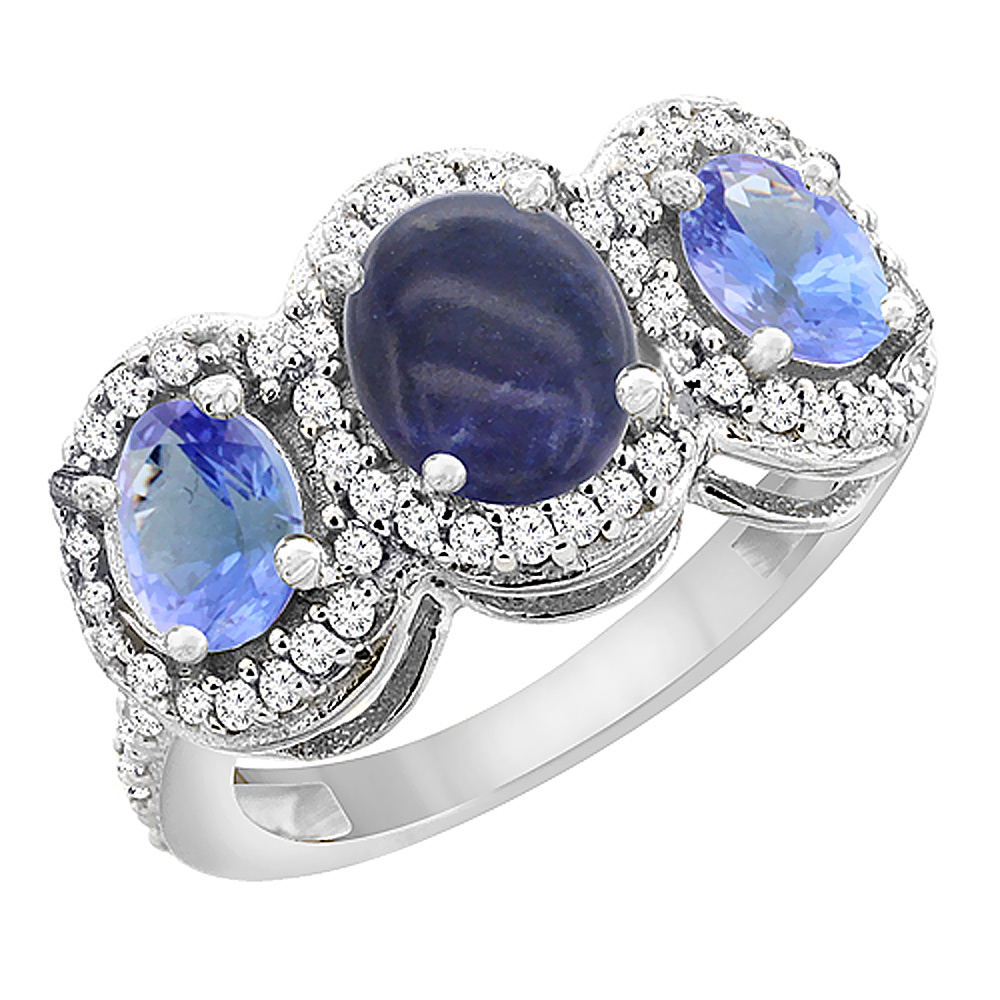 14K White Gold Natural Lapis & Tanzanite 3-Stone Ring Oval Diamond Accent, sizes 5 - 10