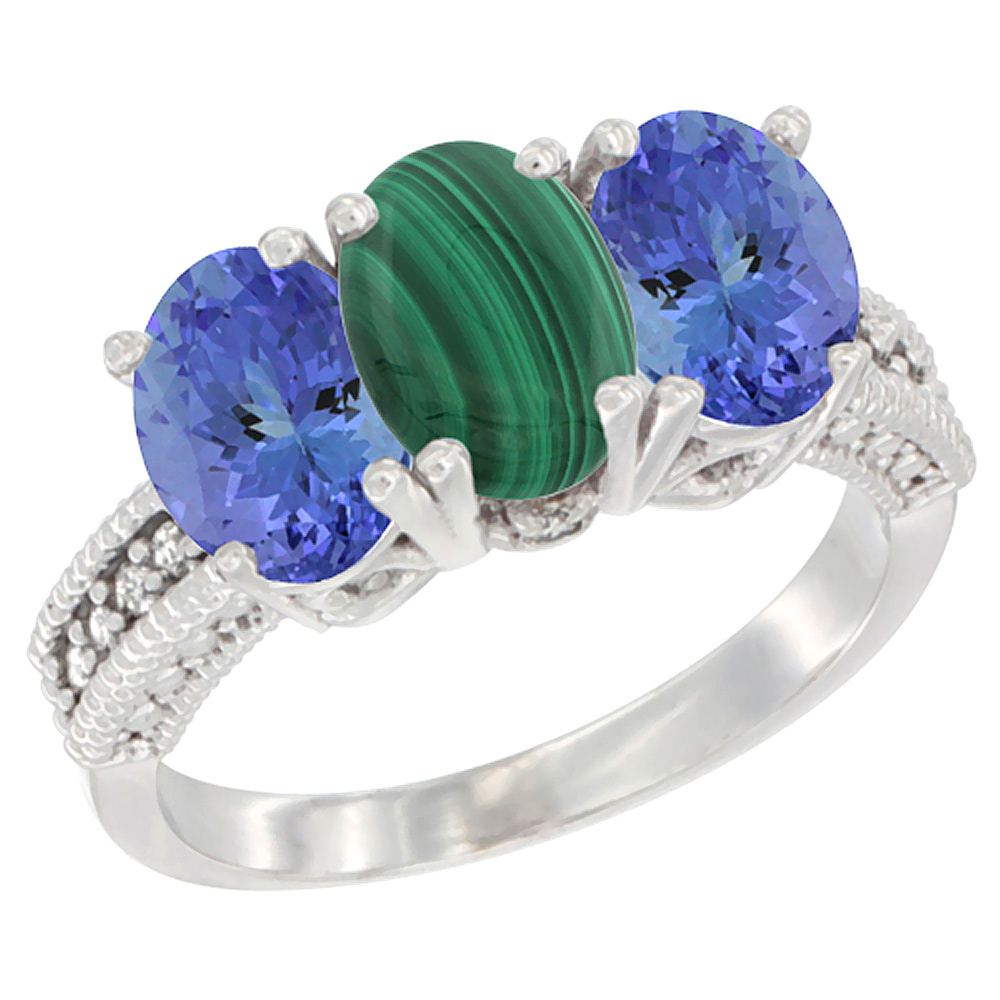 10K White Gold Diamond Natural Malachite & Tanzanite Ring 3-Stone 7x5 mm Oval, sizes 5 - 10