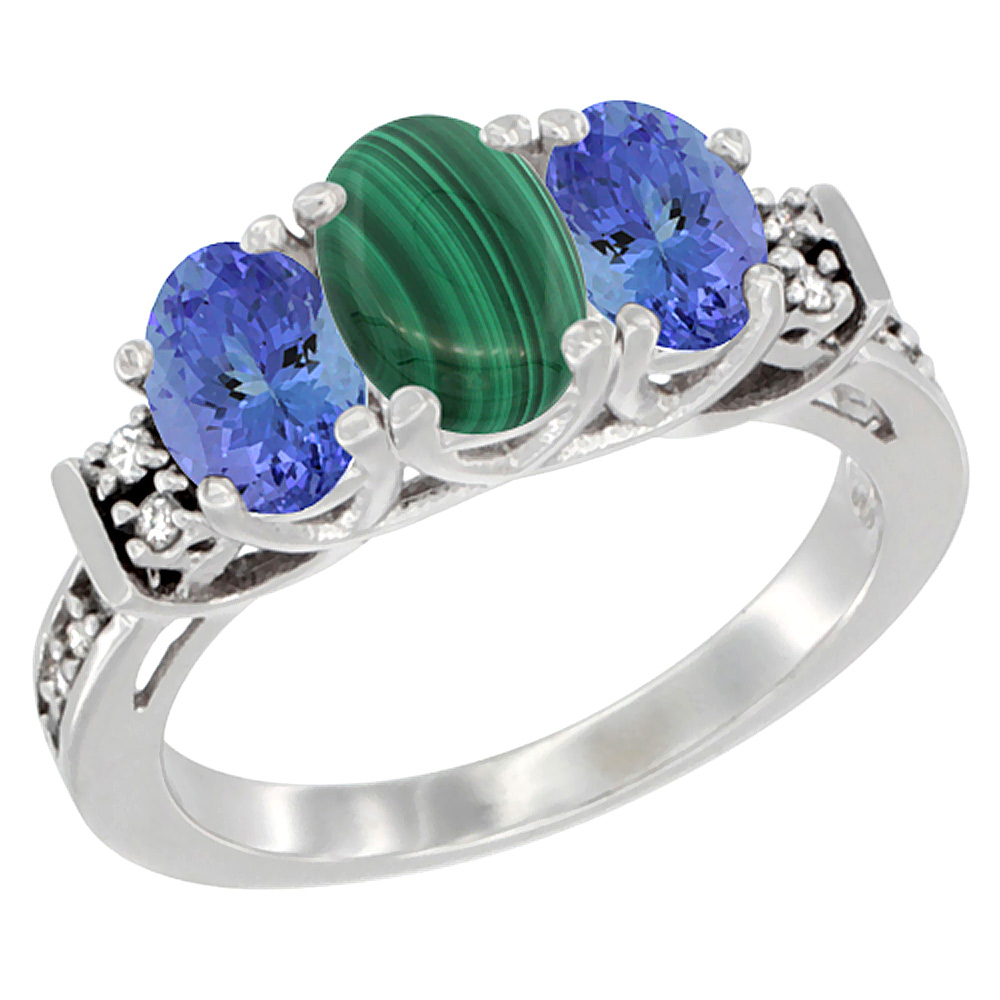 10K White Gold Natural Malachite & Tanzanite Ring 3-Stone Oval Diamond Accent, sizes 5-10