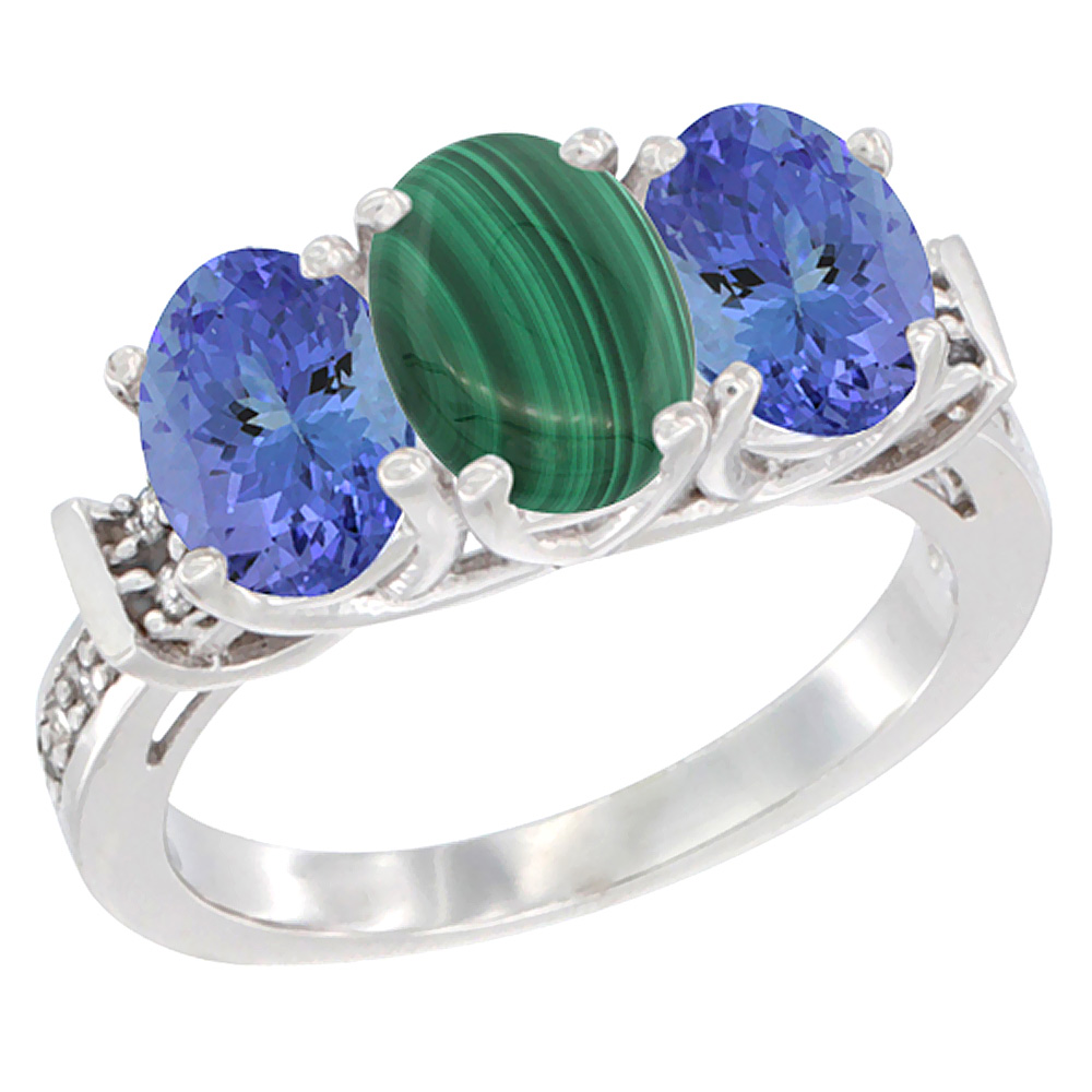 10K White Gold Natural Malachite &amp; Tanzanite Sides Ring 3-Stone Oval Diamond Accent, sizes 5 - 10