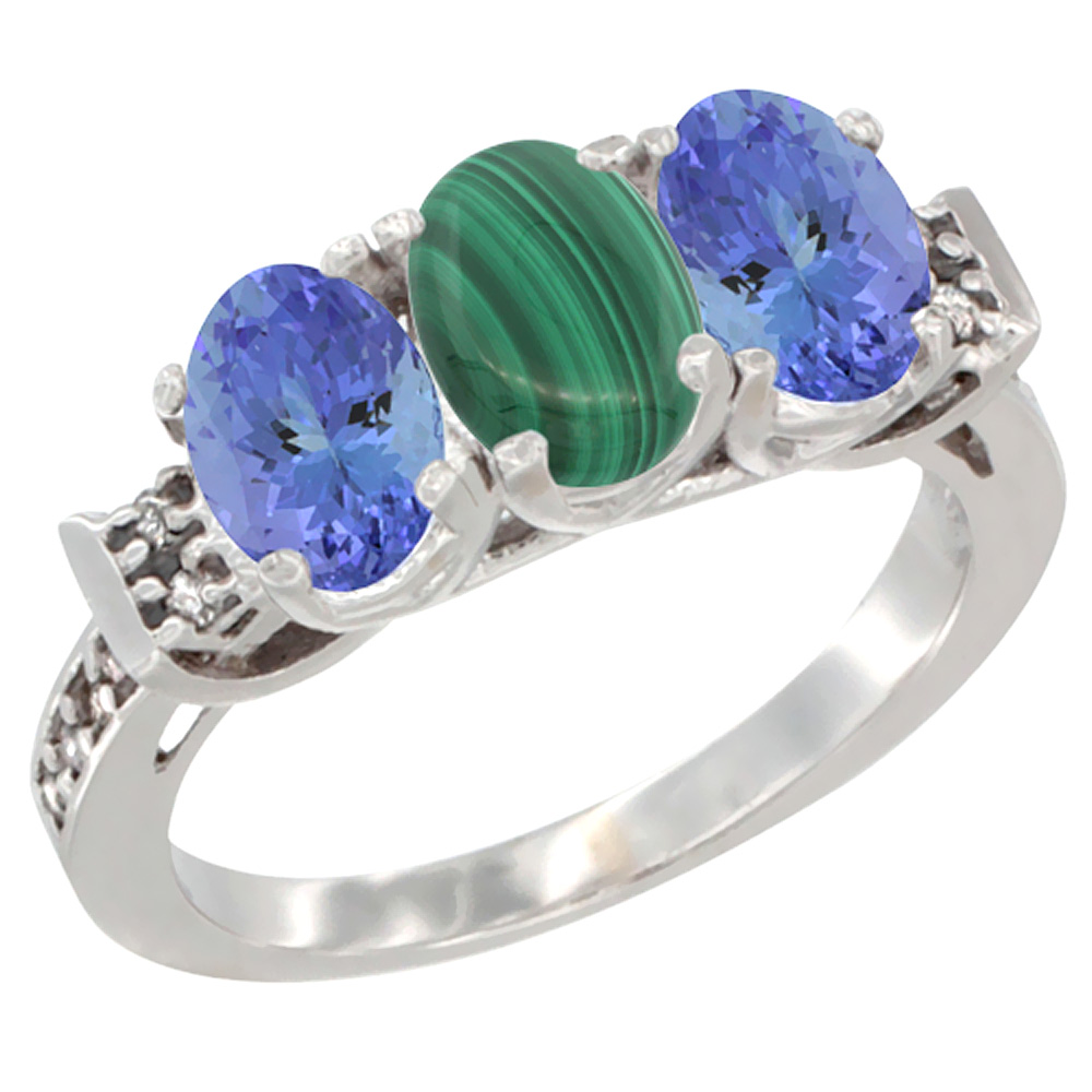 14K White Gold Natural Malachite & Tanzanite Ring 3-Stone 7x5 mm Oval Diamond Accent, sizes 5 - 10