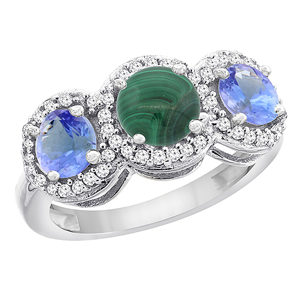 14K White Gold Natural Malachite & Tanzanite Sides Round 3-stone Ring Diamond Accents, sizes 5 - 10