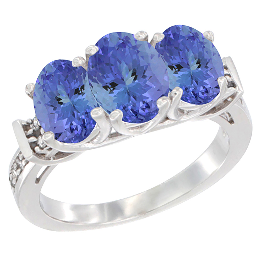 10K White Gold Natural Tanzanite Ring 3-Stone Oval Diamond Accent, sizes 5 - 10