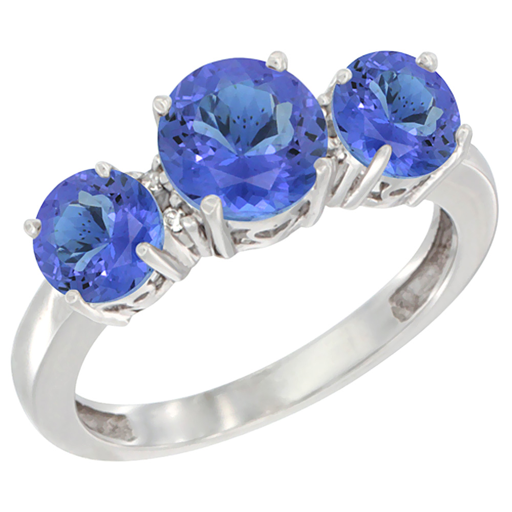 14K White Gold Round 3-Stone Natural Tanzanite Ring Diamond Accent, sizes 5 - 10