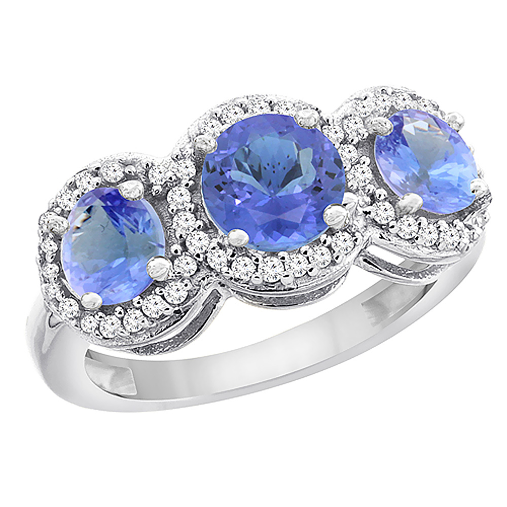 14K White Gold Natural Tanzanite Round 3-stone Ring Diamond Accents, sizes 5 - 10