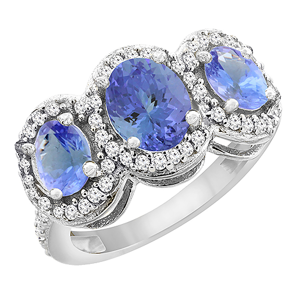 14K White Gold Natural Tanzanite 3-Stone Ring Oval Diamond Accent, sizes 5 - 10