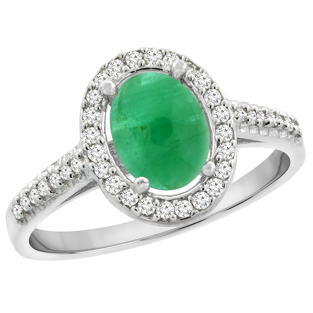 14K White Gold Natural Cabochon Emerald Engagement Ring Oval 7x5 mm Diamond Halo, sizes 5 - 10