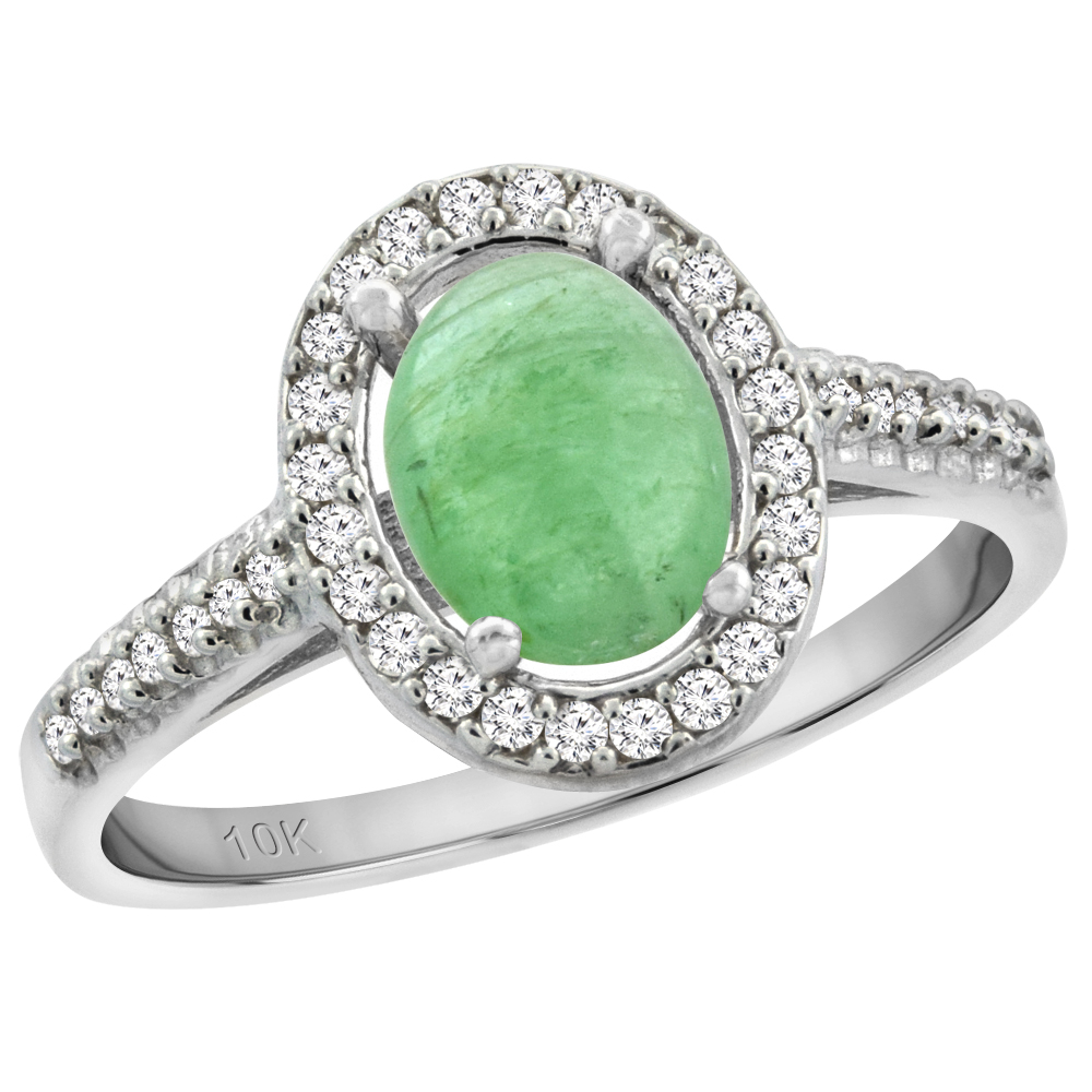 10K White Gold Natural Cabochon Emerald Engagement Ring Oval 7x5 mm Diamond Halo, sizes 5 - 10