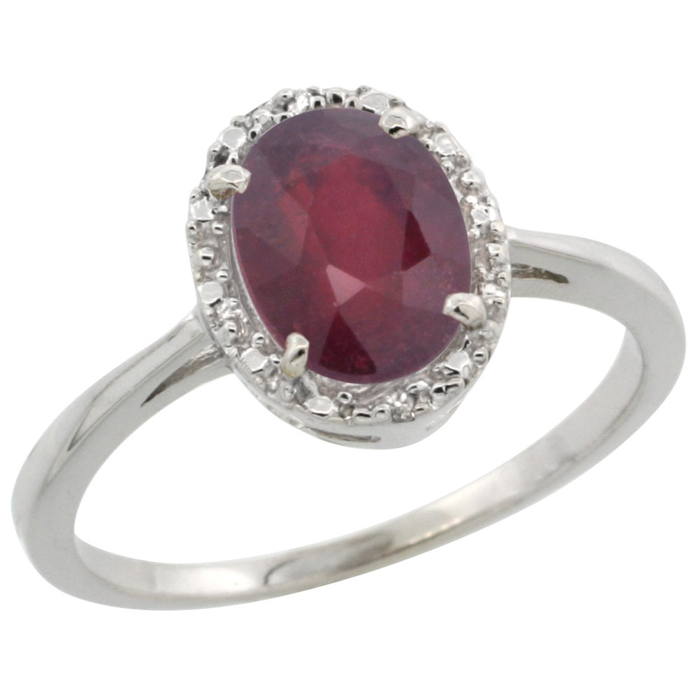 10k White Gold Natural Quality Ruby Engagement Ring Oval 8x6 mm Diamond Halo, size 5-10