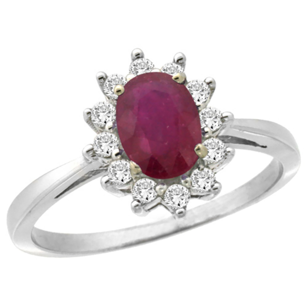 10k White Gold Natural Quality Ruby Engagement Ring Oval 7x5mm Diamond Halo, size 5-10
