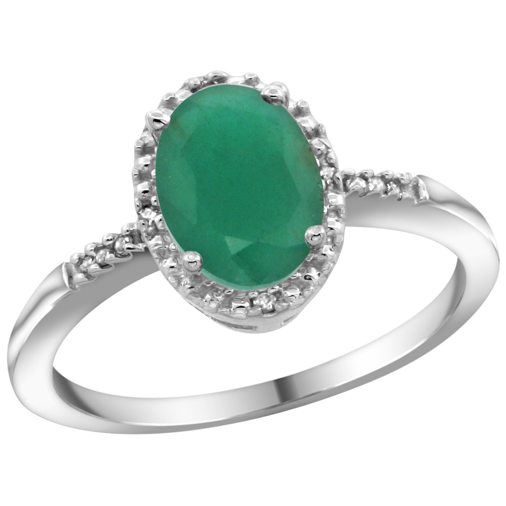 14K White Gold Diamond Natural Quality Emerald Engagement Ring Oval 8x6mm, size 5-10