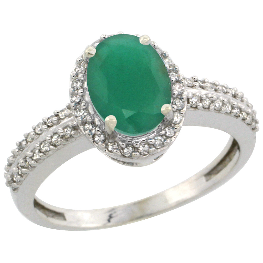 10k White Gold Natural Cabochon Emerald Ring Oval 8x6mm Diamond Halo, sizes 5-10