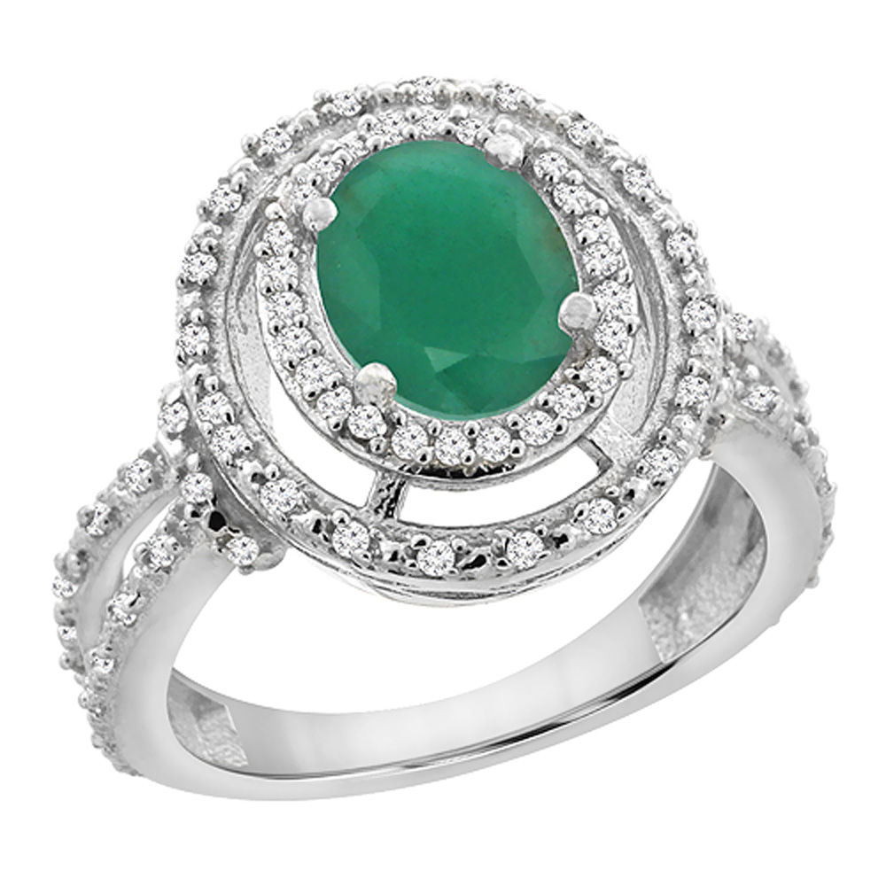 10K White Gold Diamond Double Halo Natural Quality Emerald Engagement Ring Oval 8x6 mm, size 5 - 10