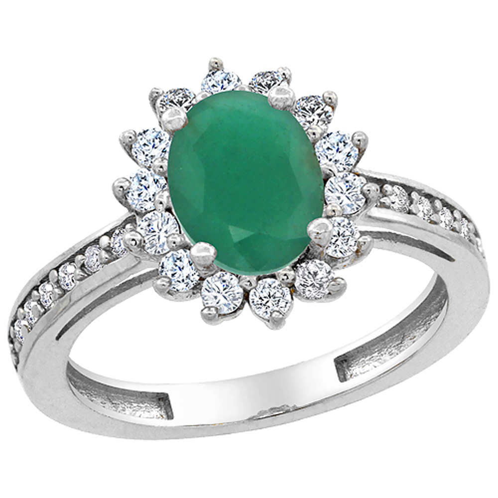 14K White Gold Natural Cabochon Emerald Floral Halo Ring Oval 8x6mm Diamond Accents, sizes 5 - 10