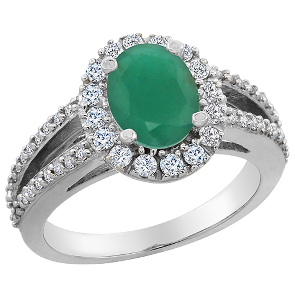10K White Gold Natural Cabochon Emerald Halo Ring Oval 8x6 mm with Diamond Accents, sizes 5 - 10