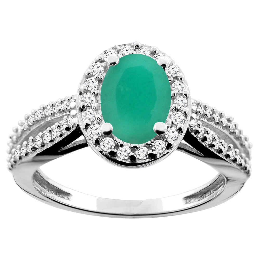 10K White/Yellow/Rose Gold Natural Cabochon Emerald Ring Oval 8x6mm Diamond Accent, sizes 5 - 10