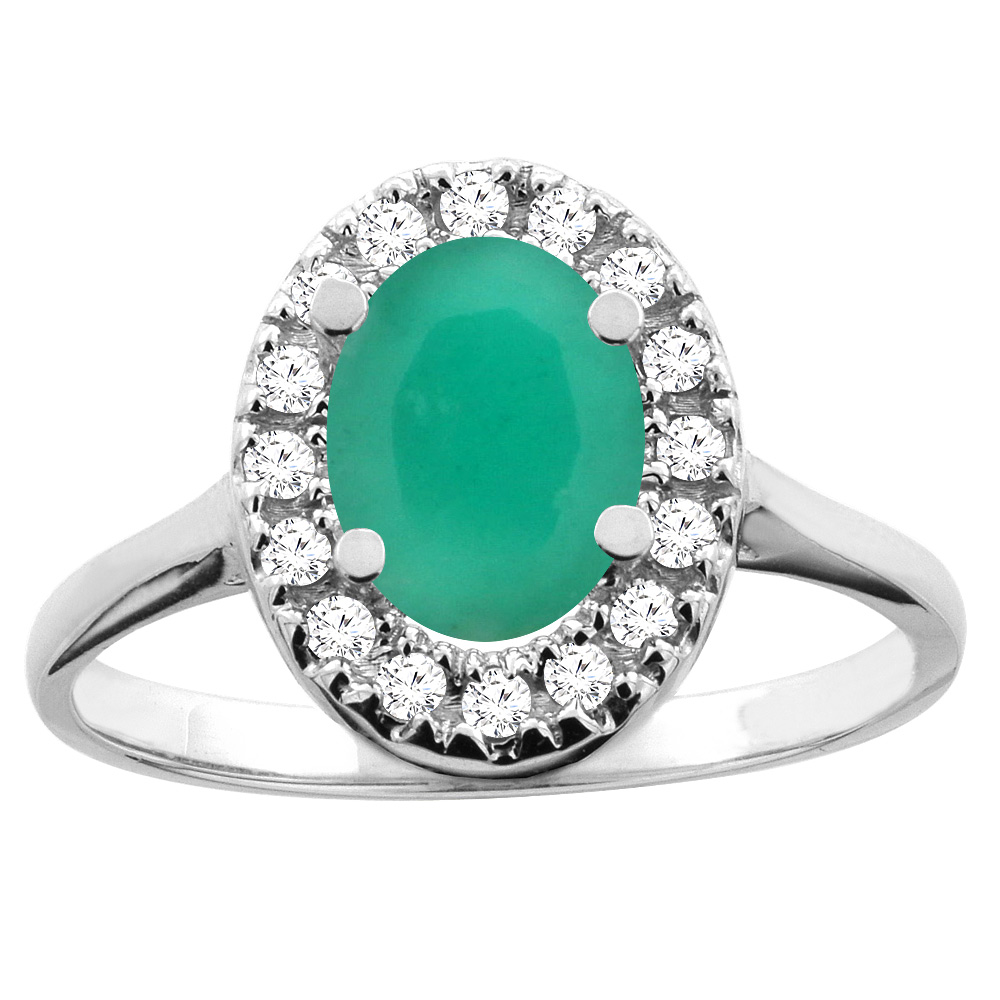 10K White/Yellow Gold Natural Cabochon Emerald Ring Oval 8x6mm Diamond Accent, sizes 5 - 10