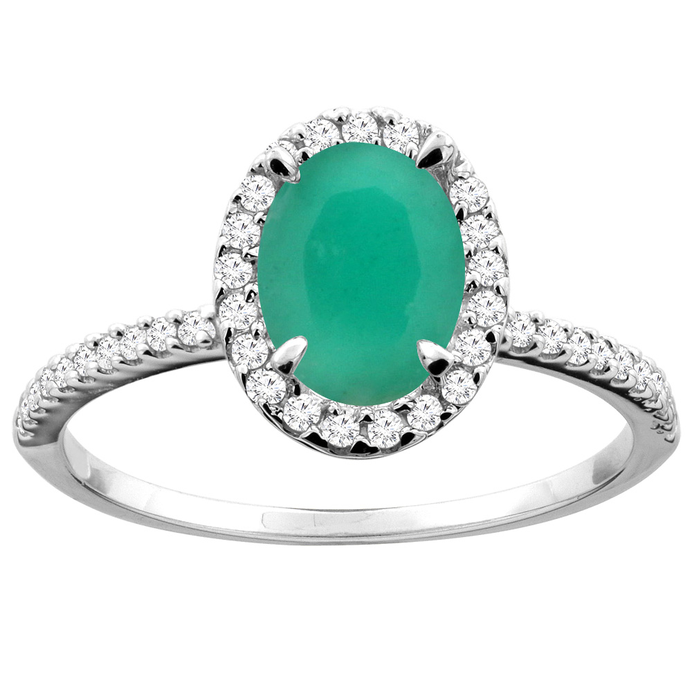 10K White/Yellow Gold Natural Cabochon Emerald Ring Oval 8x6mm Diamond Accent, sizes 5 - 10