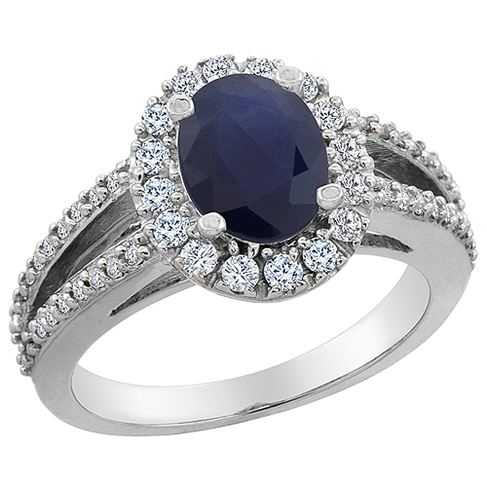 14K White Gold Diamond Halo Natural Quality Blue Sapphire Engagement Ring Oval 8x6 mm, size 5 - 10