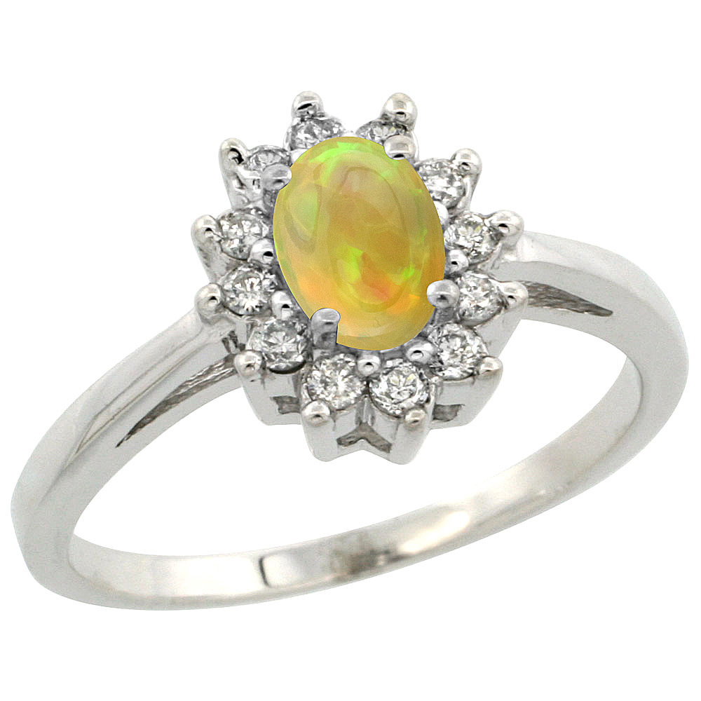 Sterling Silver Natural Ethiopian Opal Diamond Flower Halo Engagement Ring Oval 6X4 mm, size 5-10