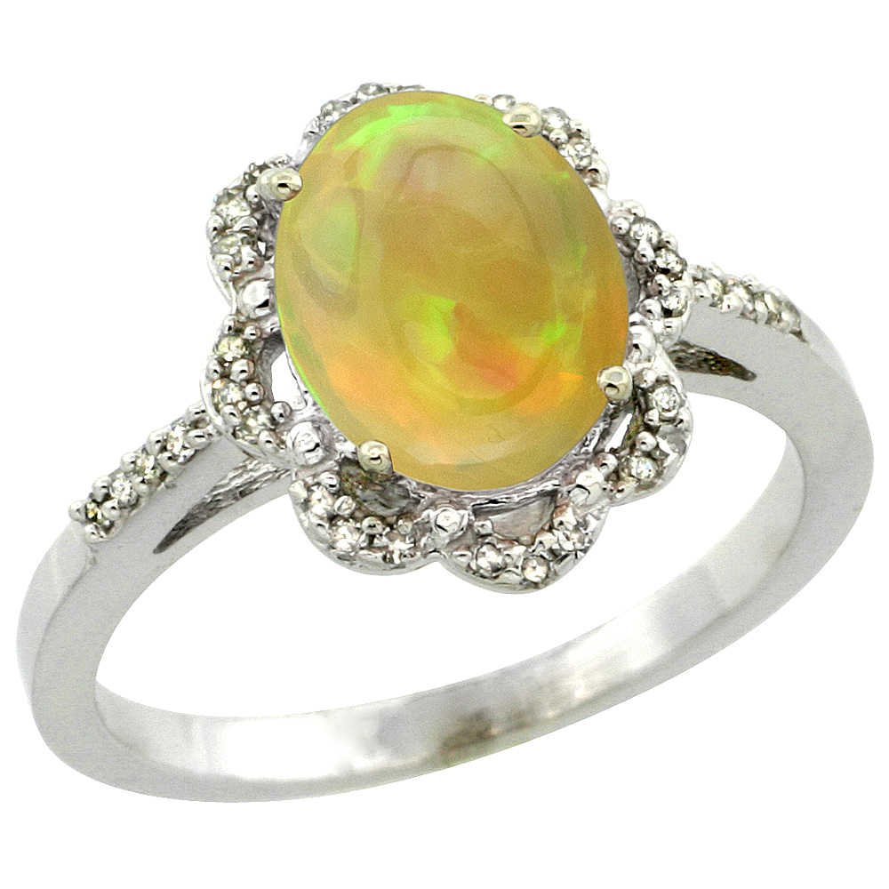 10K White Gold Diamond Natural Ethiopian Opal Engagement Ring Oval 9x7mm, size 5-10