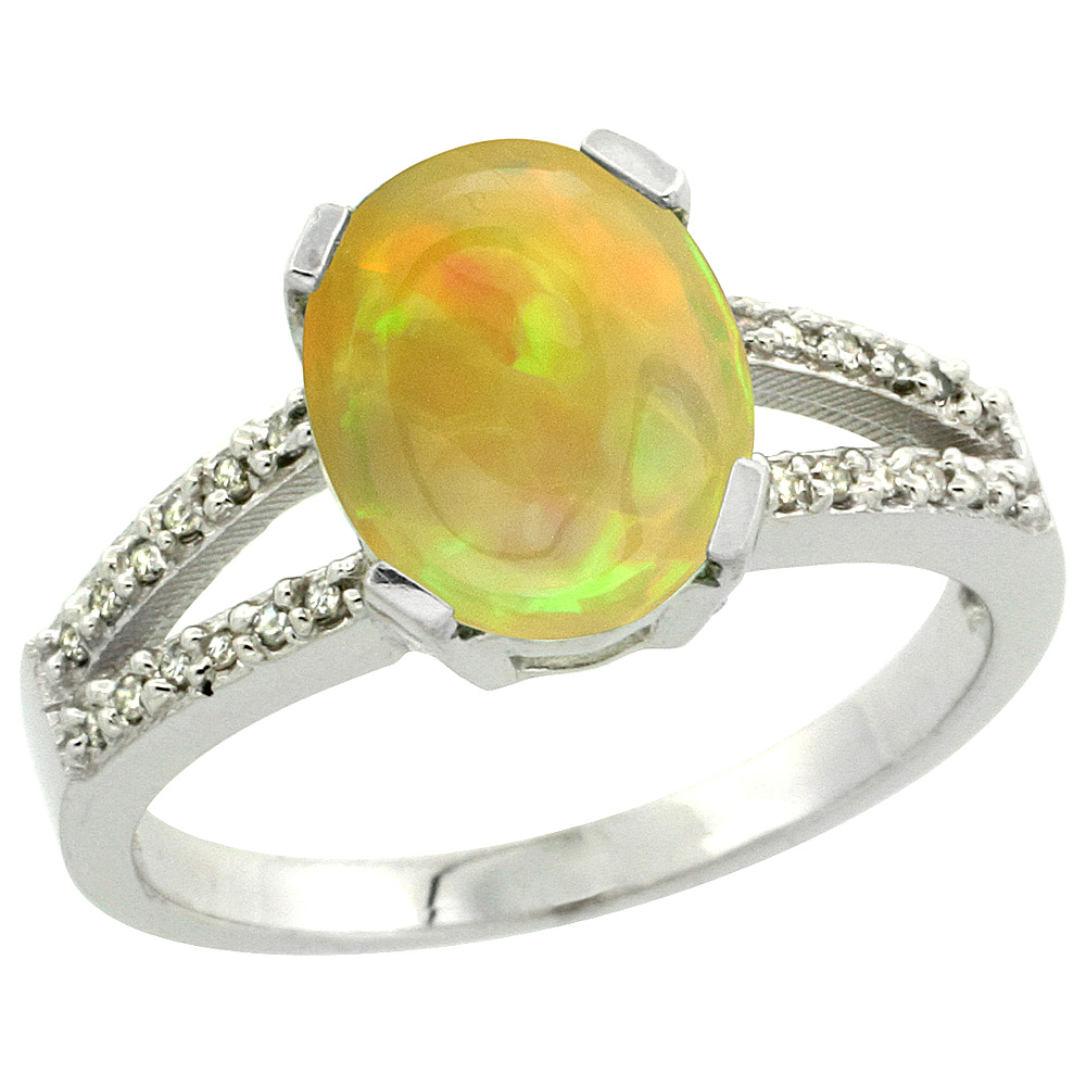 10K White Gold Diamond Natural Ethiopian Opal Engagement Ring Oval 10x8mm, size 5-10
