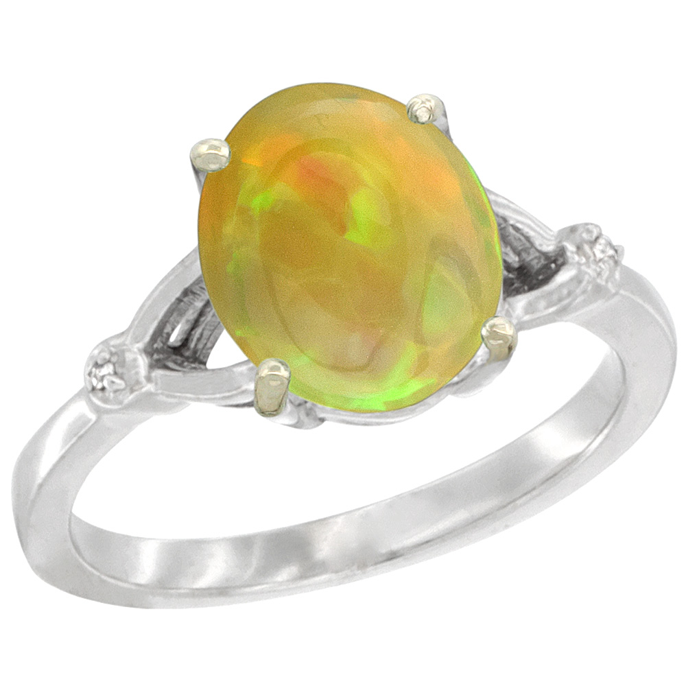 10K White Gold Diamond Natural Ethiopian Opal Engagement Ring Oval 10x8mm, size 5-10