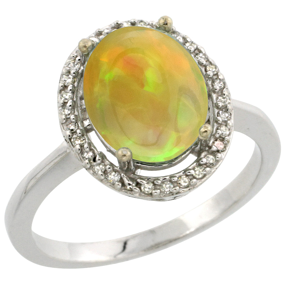 10K White Gold Diamond Natural Ethiopian Opal Engagement Ring Oval 10x8mm, size 5-10