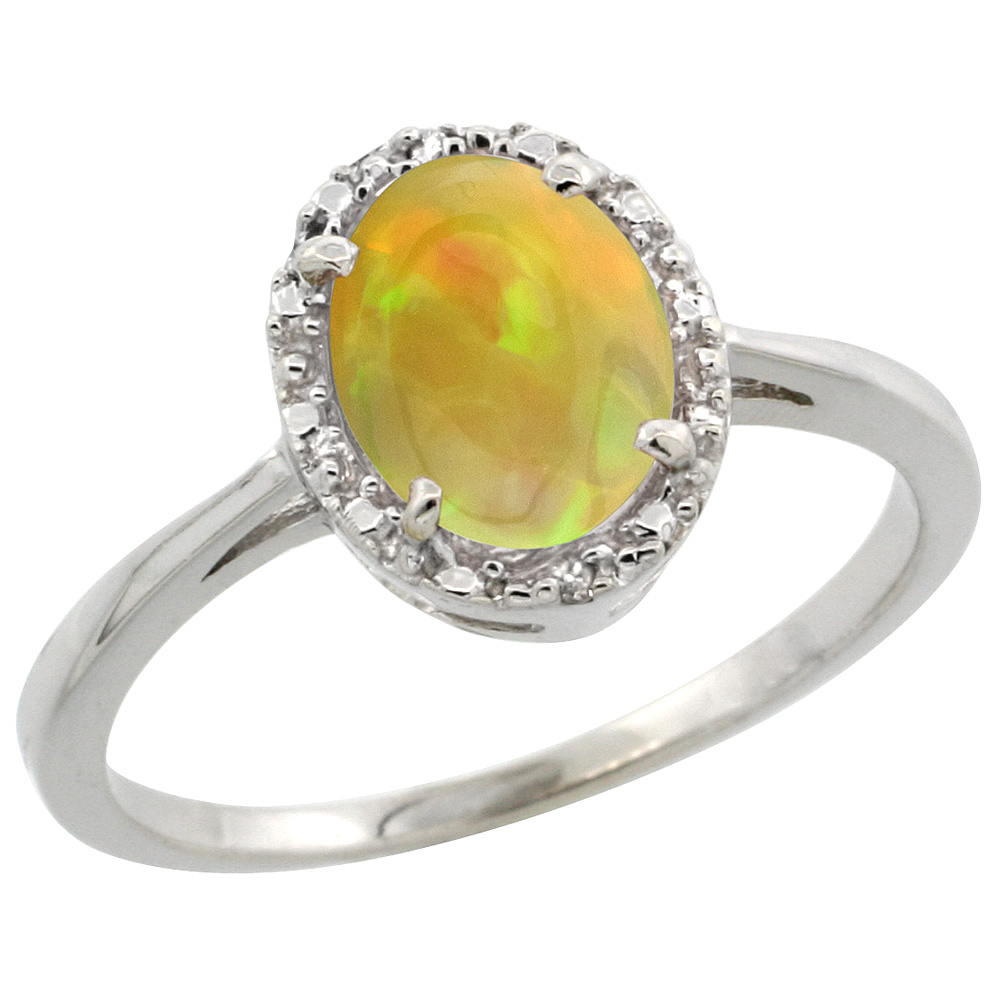 10k White Gold Diamond Halo Natural Ethiopian Opal Engagement Ring Oval 8x6 mm, size 5-10