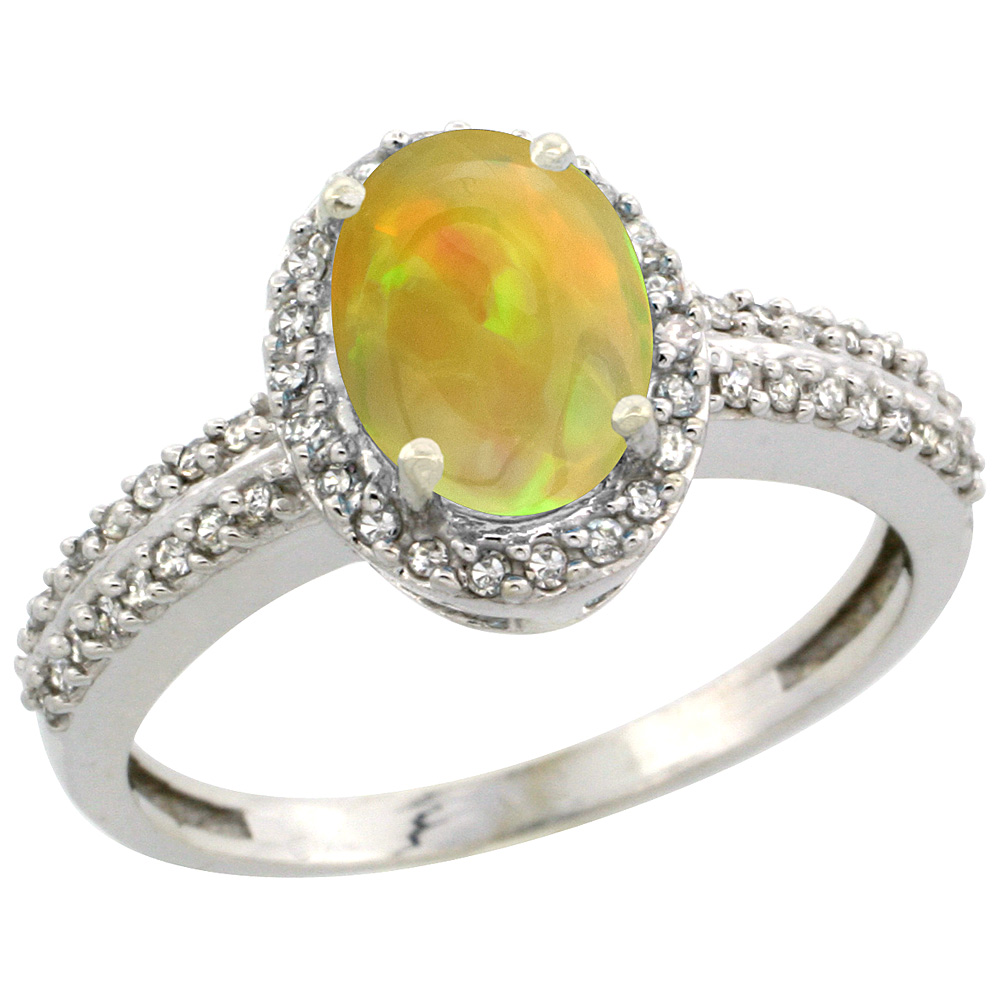 14K White Gold Diamond Halo Natural Ethiopian Opal Engagement Ring Oval 8x6mm, size 5-10