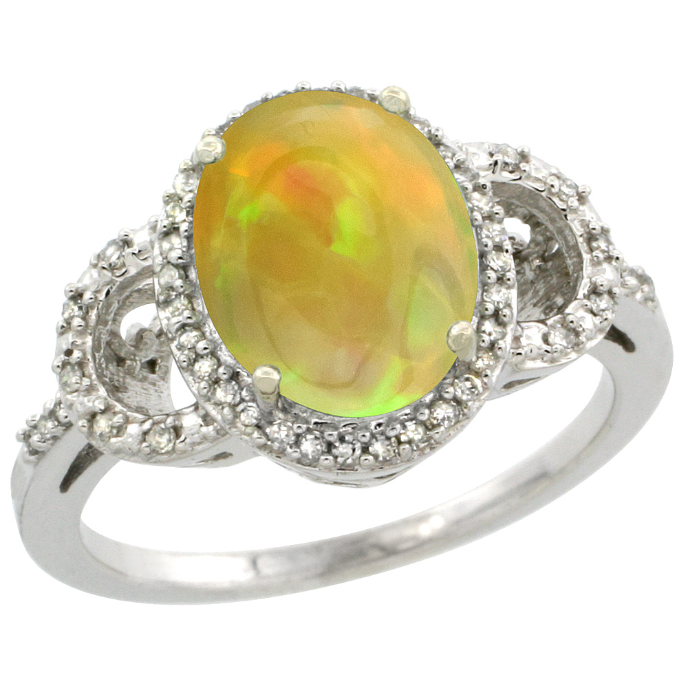 10K White Gold Diamond Natural Ethiopian Opal Engagement Ring Oval 10x8mm, size 5-10