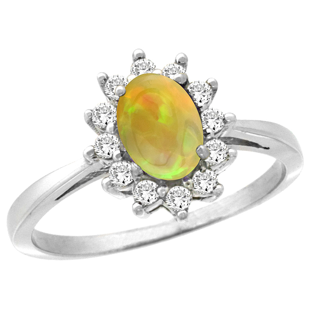 10k White Gold Diamond Halo Natural Ethiopian Opal Engagement Ring Oval 7x5mm, size 5-10