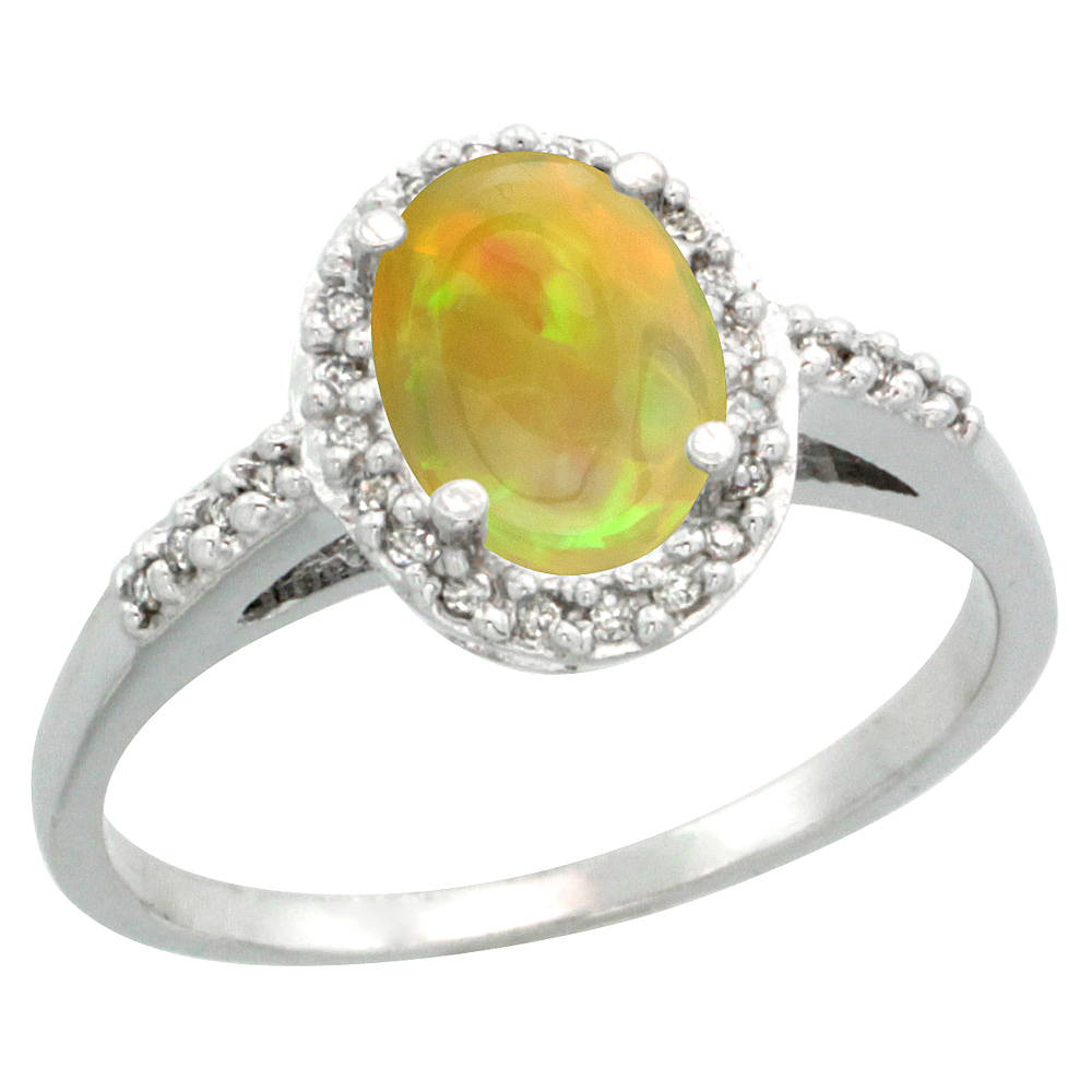 14K White Gold Diamond Natural Ethiopian Opal Engagement Ring Oval 8x6mm, size 5-10