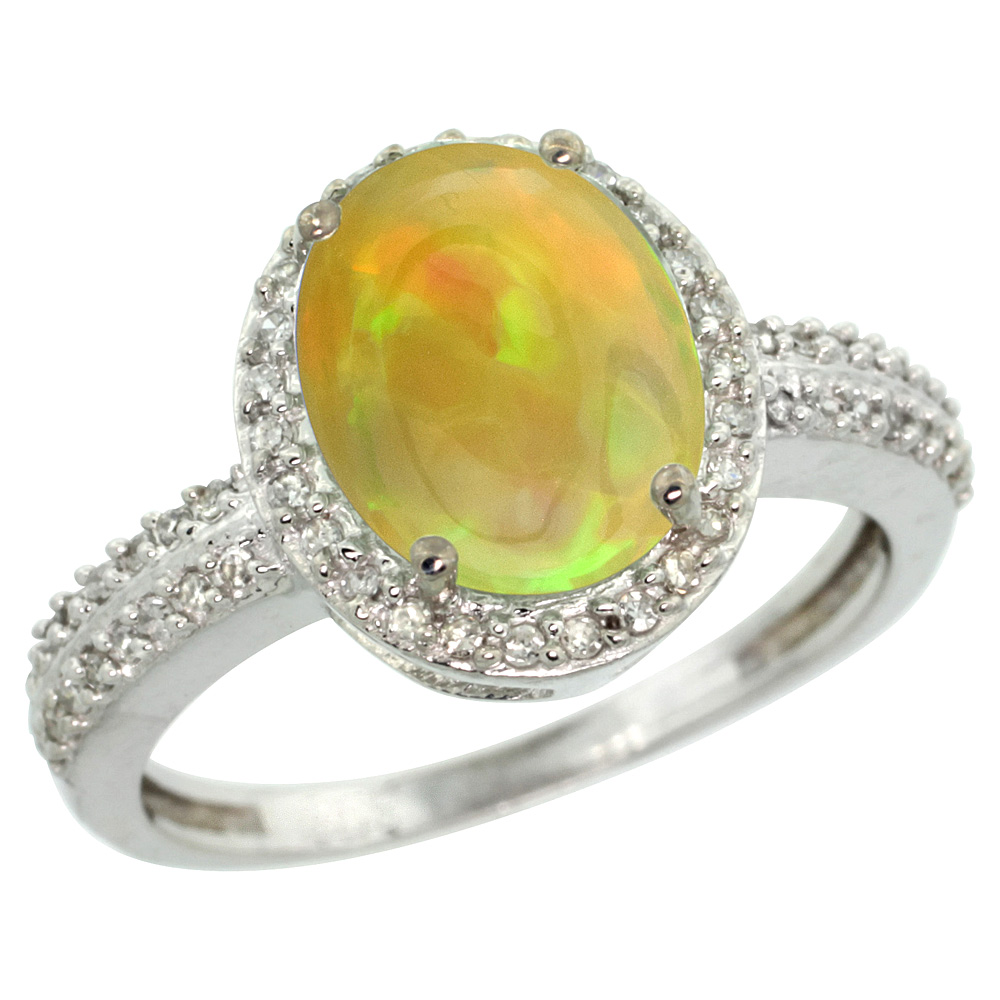 10K White Gold Diamond Natural Ethiopian Opal Engagement Ring Oval 10x8mm, size 5-10