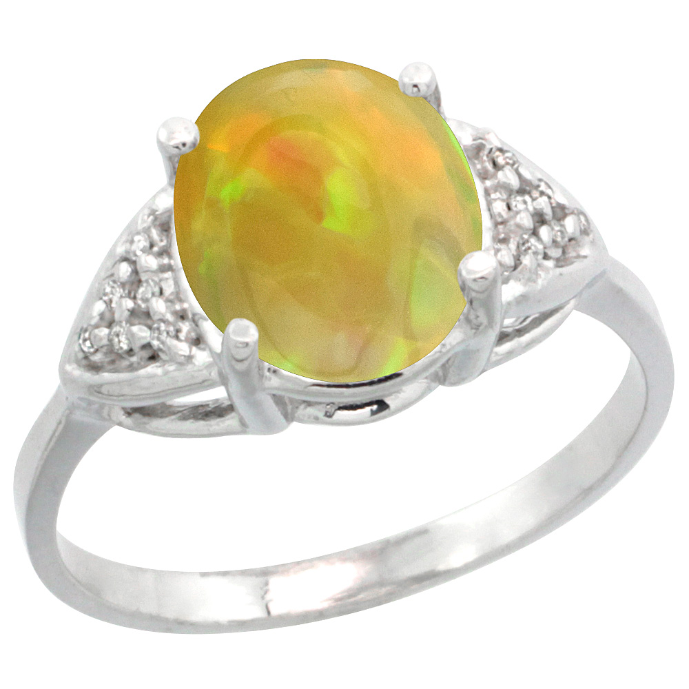 10K White Gold Diamond Natural Ethiopian Opal Engagement Ring Oval 10x8mm, size 5-10