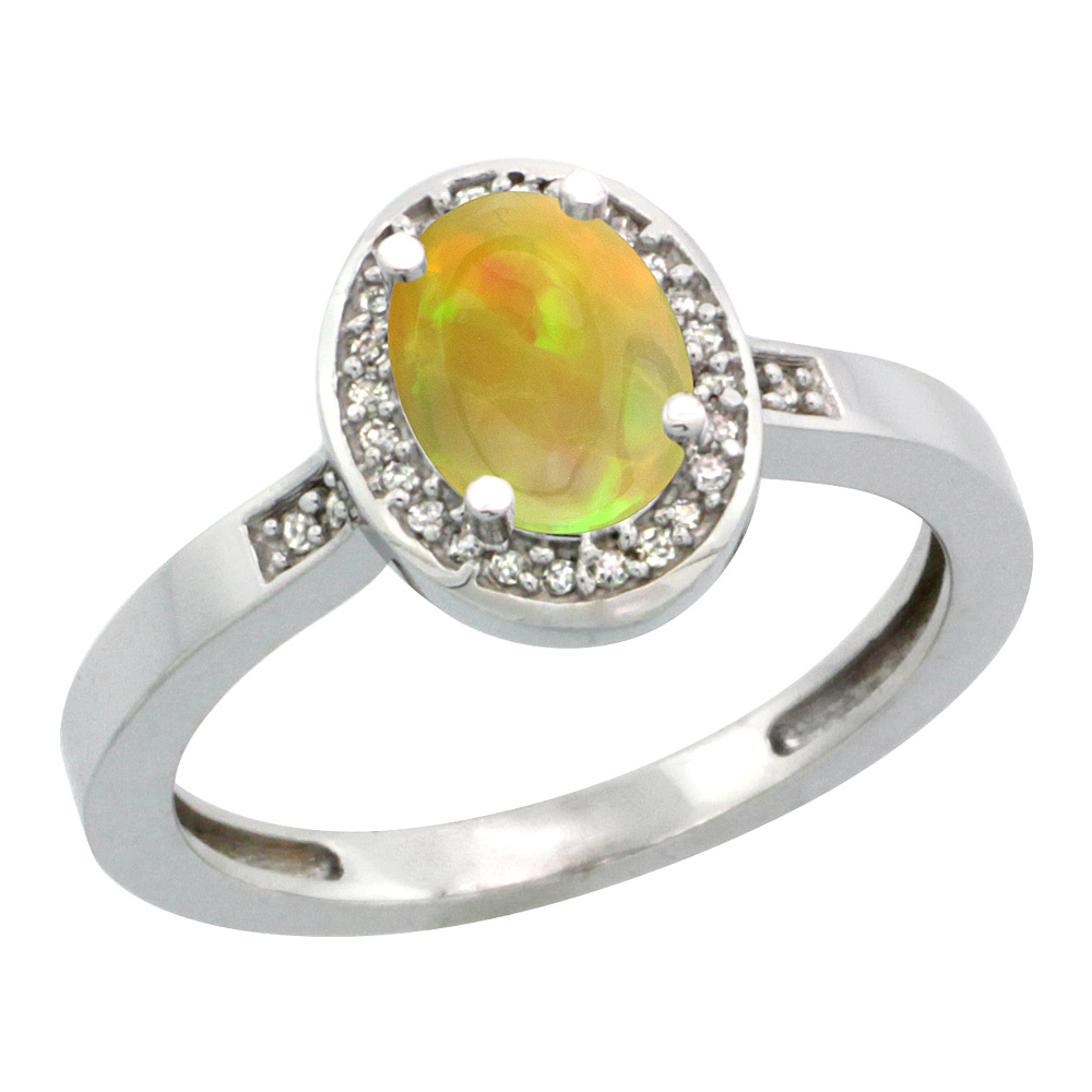 14K White Gold Diamond Natural Ethiopian Opal Engagement Ring Oval 7x5mm, size 5-10