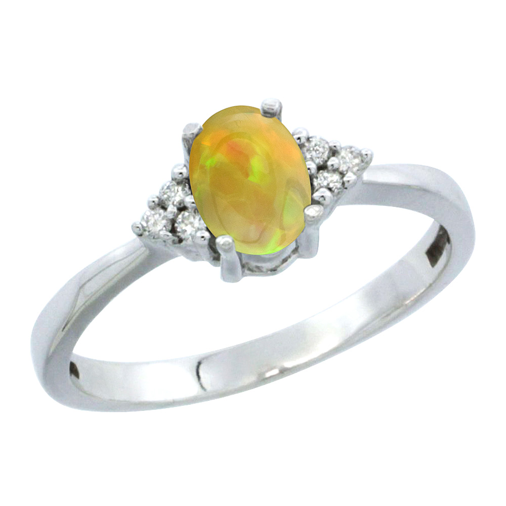 10K White Gold Diamond Natural Ethiopian Opal Engagement Ring Oval 6x4mm, size 5-10