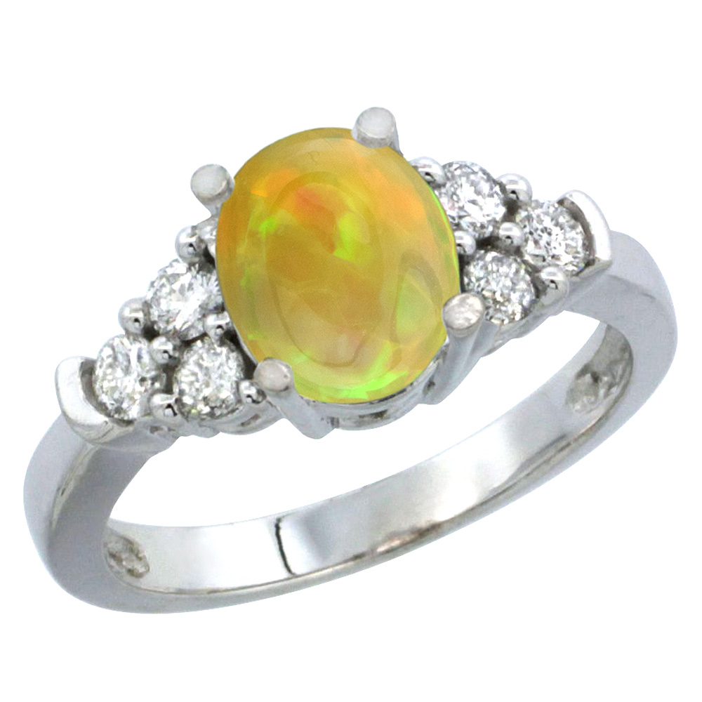 14K White Gold Diamond Natural Ethiopian Opal Engagement Ring Oval 9x7mm, size 5-10