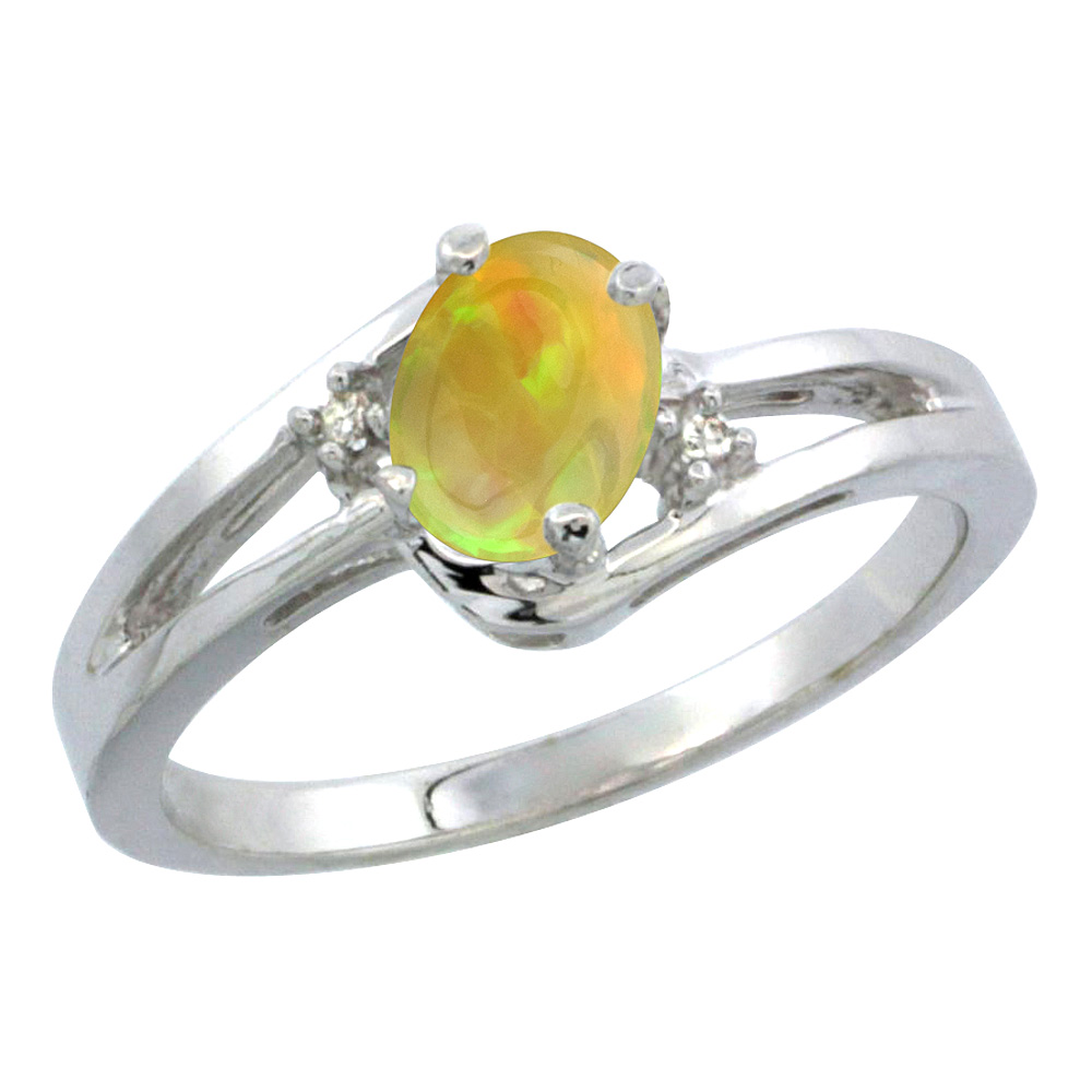 10K White Gold Diamond Natural Ethiopian Opal Engagement Ring Oval 6x4 mm, size 5-10