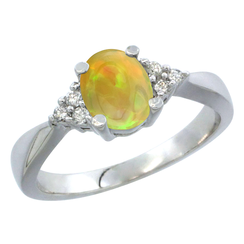 10K Yellow Gold Diamond Natural Ethiopian Opal Engagement Ring Oval 7x5mm, size 5-10