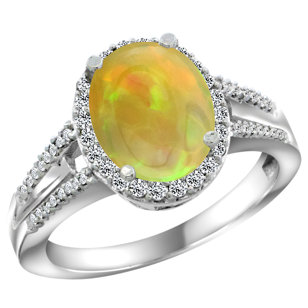 14K White Gold Diamond Natural Ethiopian Opal Engagement Ring Oval 10x8mm, size 5-10