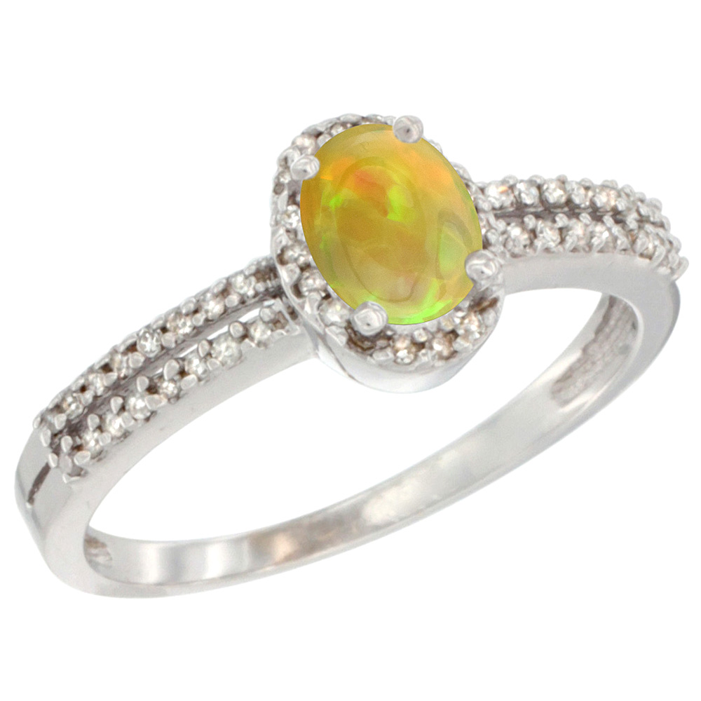 10K Yellow Gold Diamond Natural Ethiopian Opal Engagement Ring Oval 6x4mm, size 5-10