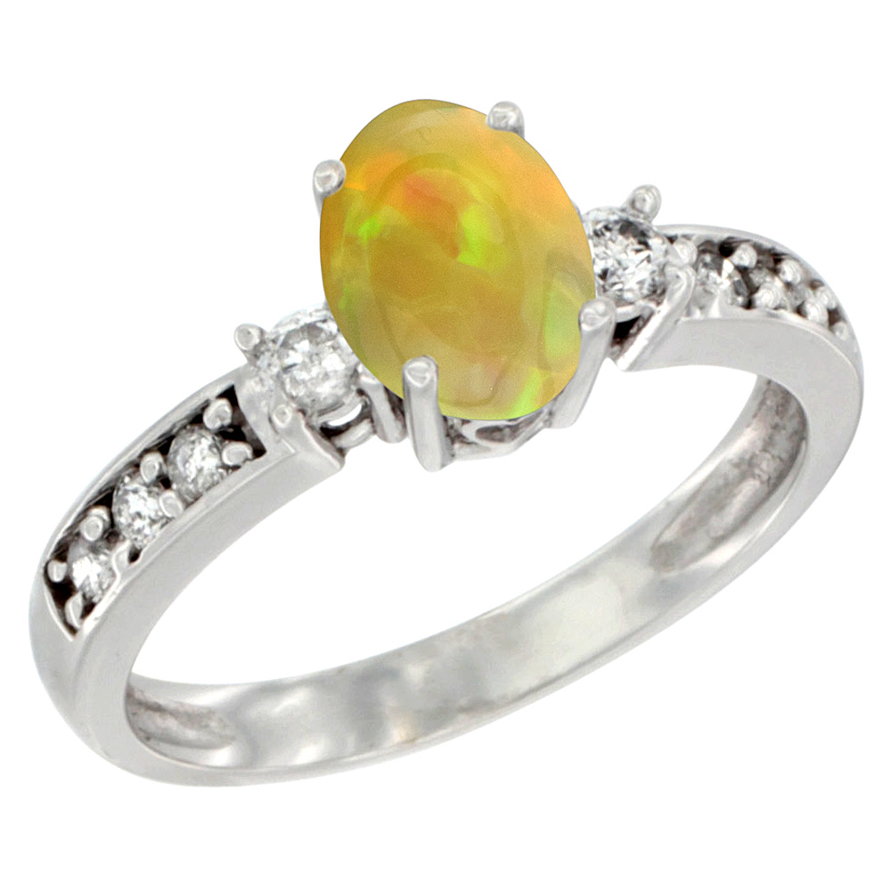 14K White Gold Diamond Natural Ethiopian Opal Engagement Ring Oval 7x5 mm, size 5 - 10