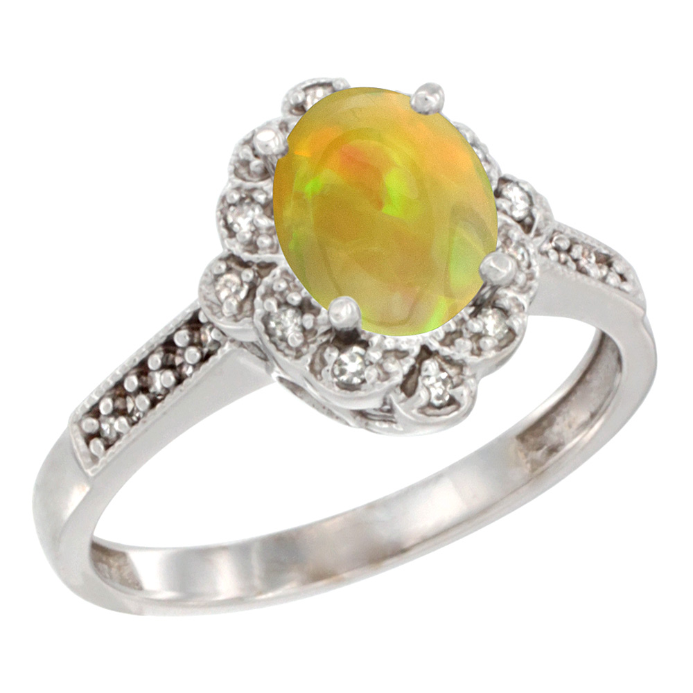 10K White Gold Diamond Halo Natural Ethiopian Opal Engagement Ring Oval 8x6 mm, size 5 - 10