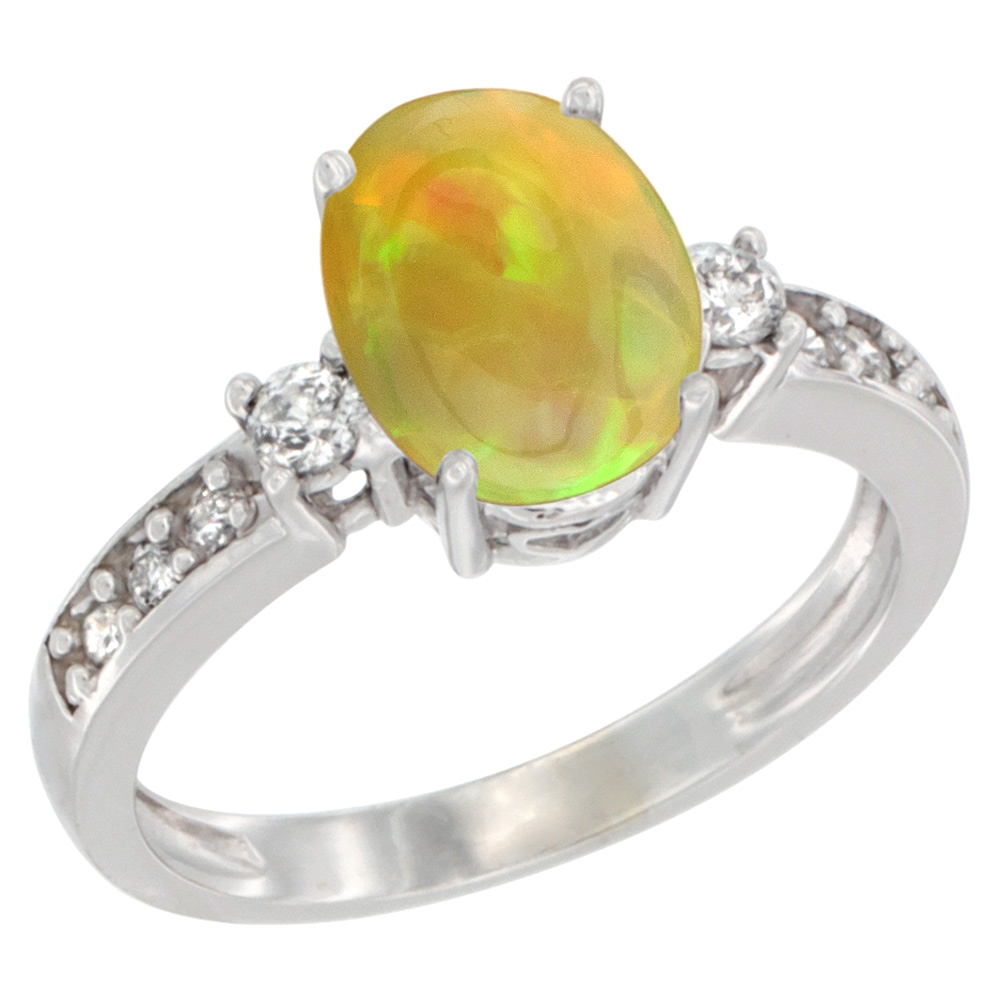 10K Yellow Gold Diamond Natural Ethiopian Opal Engagement Ring Oval 9x7 mm, size 5 - 10